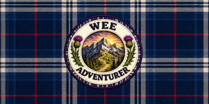Wee Adventurer pencil case with navy tartan pattern and adventure-themed Scottish crest design