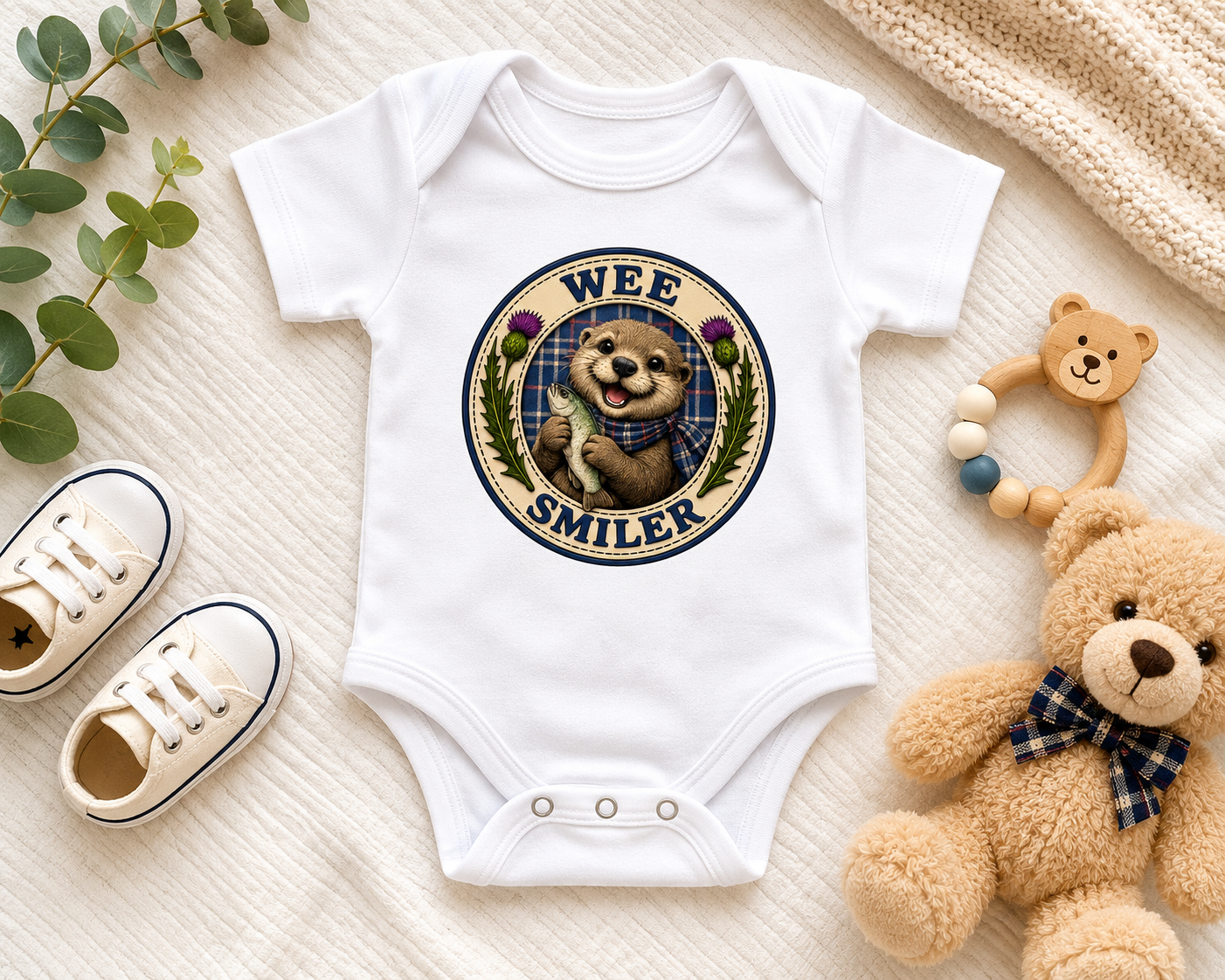 White Wee Smiler baby bodysuit with Scottish otter design displayed in a flat lay arrangement with baby shoes, teddy bear, wooden teether and soft neutral nursery accessories.